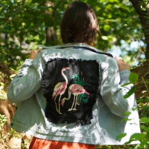 Veste Jean Bleu Réversible Florale - Broderie Flamant Rose
