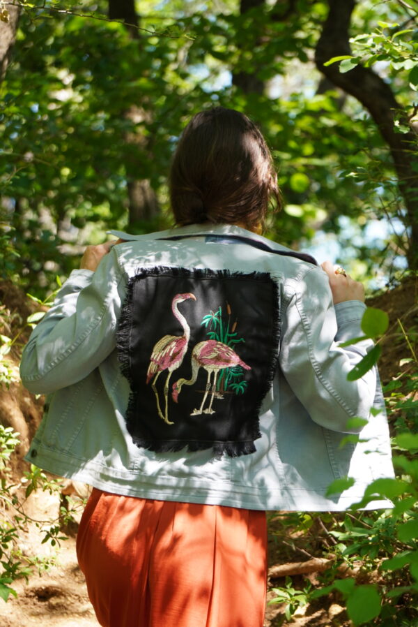 Veste Jean Bleu Réversible Florale - Broderie Flamant Rose