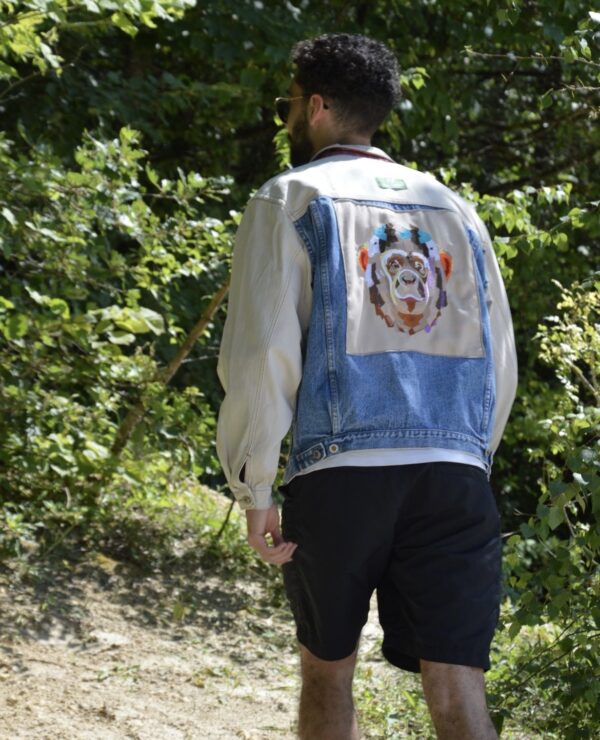 Veste Bicolore Jean Bleu/Blanc - Broderie Chimpanzé